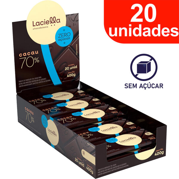 Laciella Chocolate 70% Cacau Zero Açúcar e Zero Lactose – 20x20G